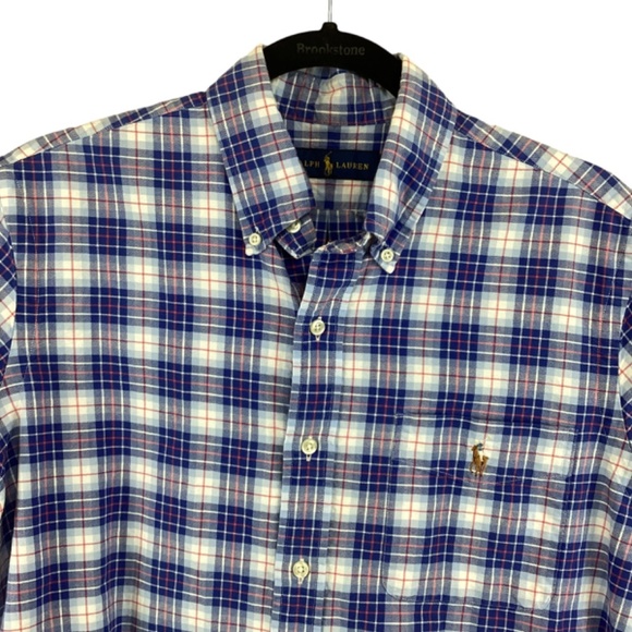 Ralph Lauren Blue Label Blue Plaid Shirt Size Medium Button‎ Down Short Sleeve - Picture 2 of 9